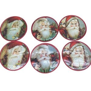 VTG Mrs. Grossman's Enesco 1986 Santa‎ Coaster Set of 6 with Tin Christmas Decor